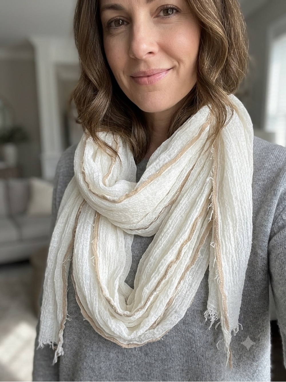 Zara Cream Scarf with Light Tan Trim